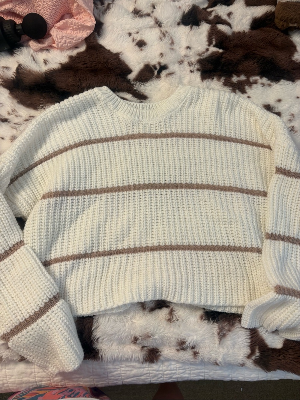 moon & madison Cream and Brown Striped Cropped Crew Sweater